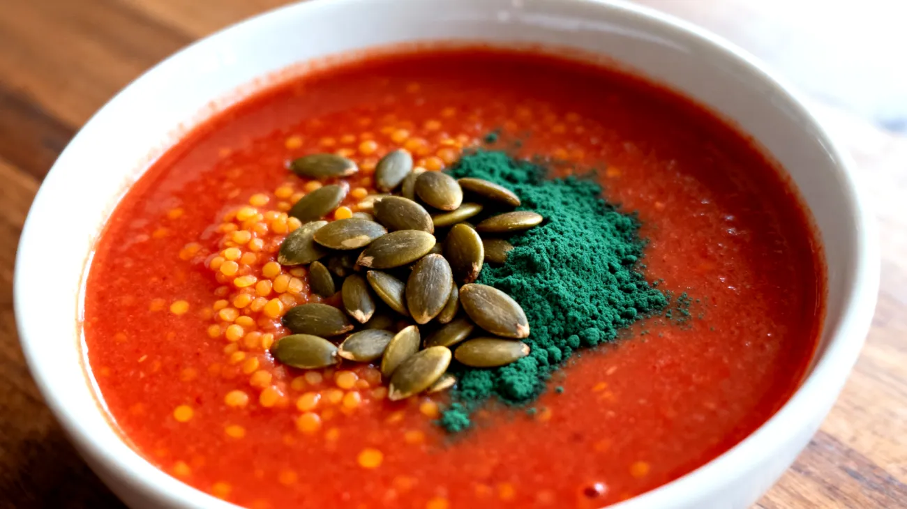 Zuppa di lenticchie rosse con semi di zucca e spirulina"